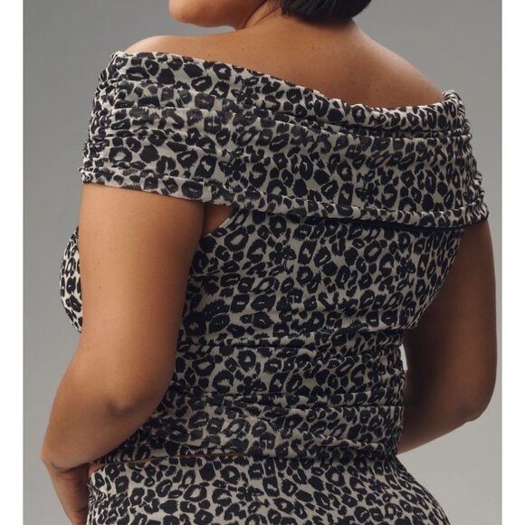 Maeve Anthropologie Womens Off-The-Shoulder Leopard Print Mesh Top XL Black - Picture 4 of 7